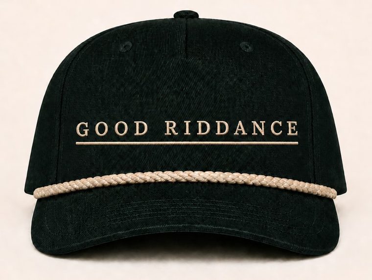 The forest green colorway of the Good Riddance rope cap with a bone rope, arriving in spring.